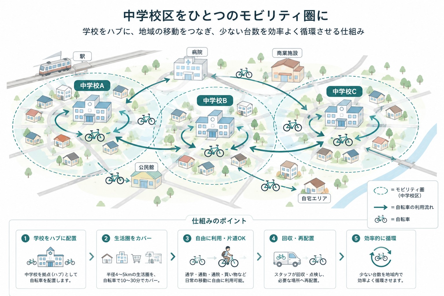 中学校区をひとつのモビリティ圏として、学校をハブに駅・病院・商業施設・自宅をつなぐ仕組みの図
